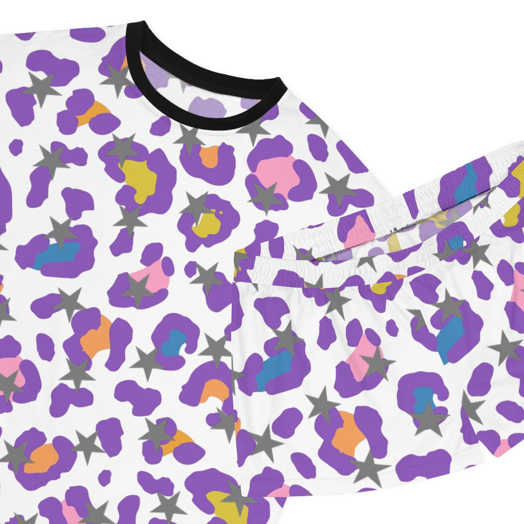 Women's Leopard Print Pajama Set — Purple Floral Animal Print Shorts Sleepwear