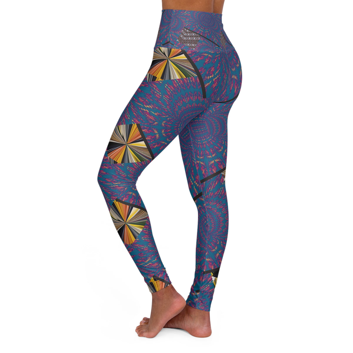 High-Waisted Yoga Leggings — Blue Floral Mandala All-Over Print