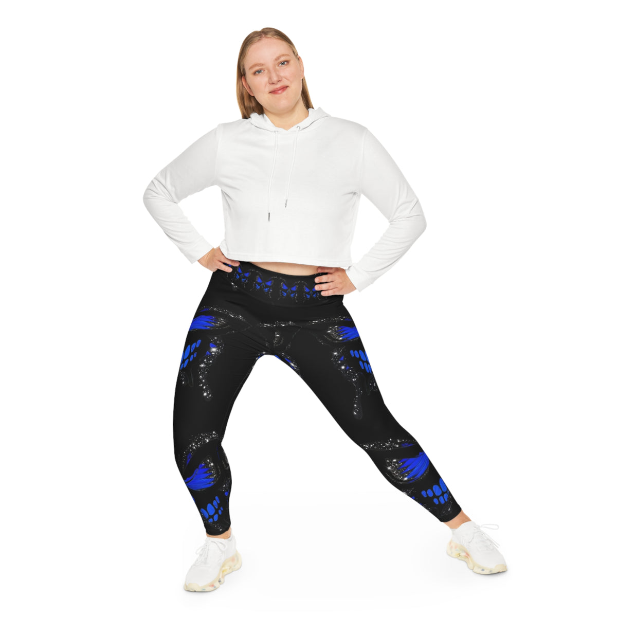 Plus Size Blue Butterfly Leggings — Black All-Over Print Comfort Leggings