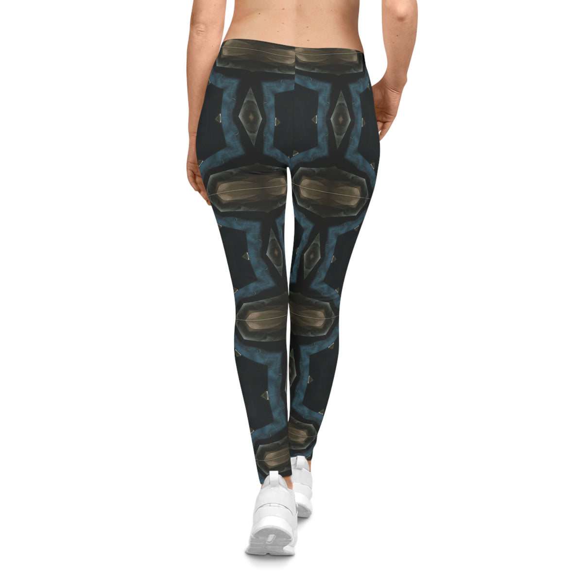 Kaleidoscope Geo Pattern Leggings — Dark Blue & Olive All-Over Print