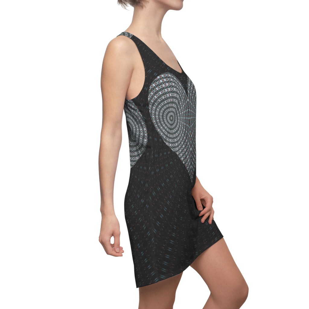 Racerback Heart Spiral Dress — Black Grey Optical Illusion AOP