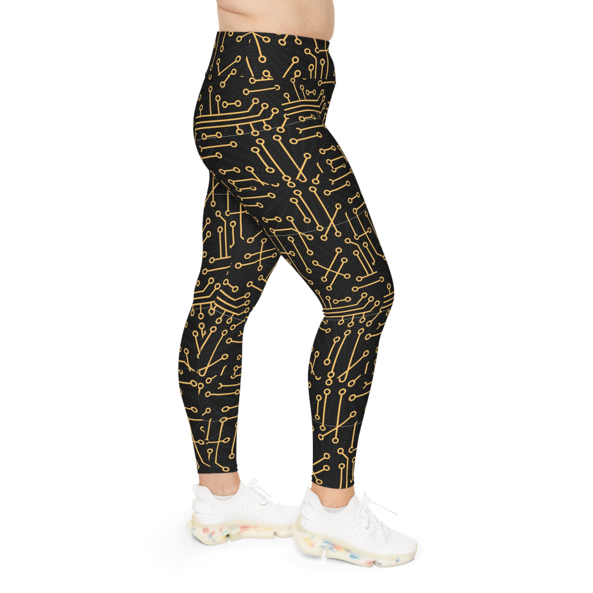 Plus Size Leggings — Gold Circuit Board Patterned Tech Leggings