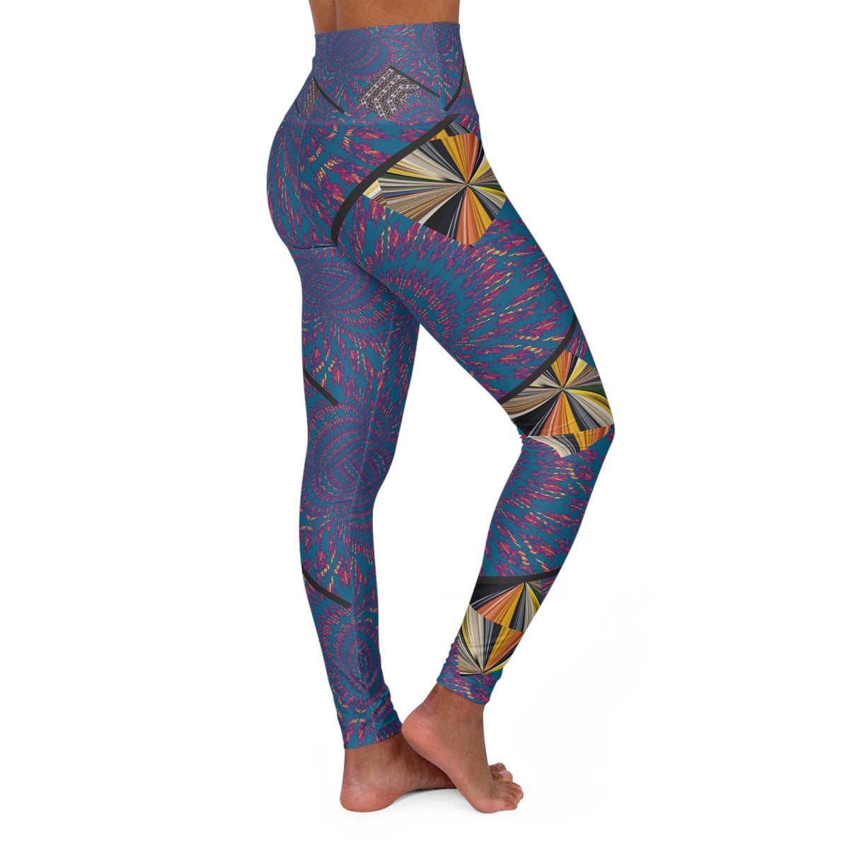 High-Waisted Yoga Leggings — Blue Floral Mandala All-Over Print
