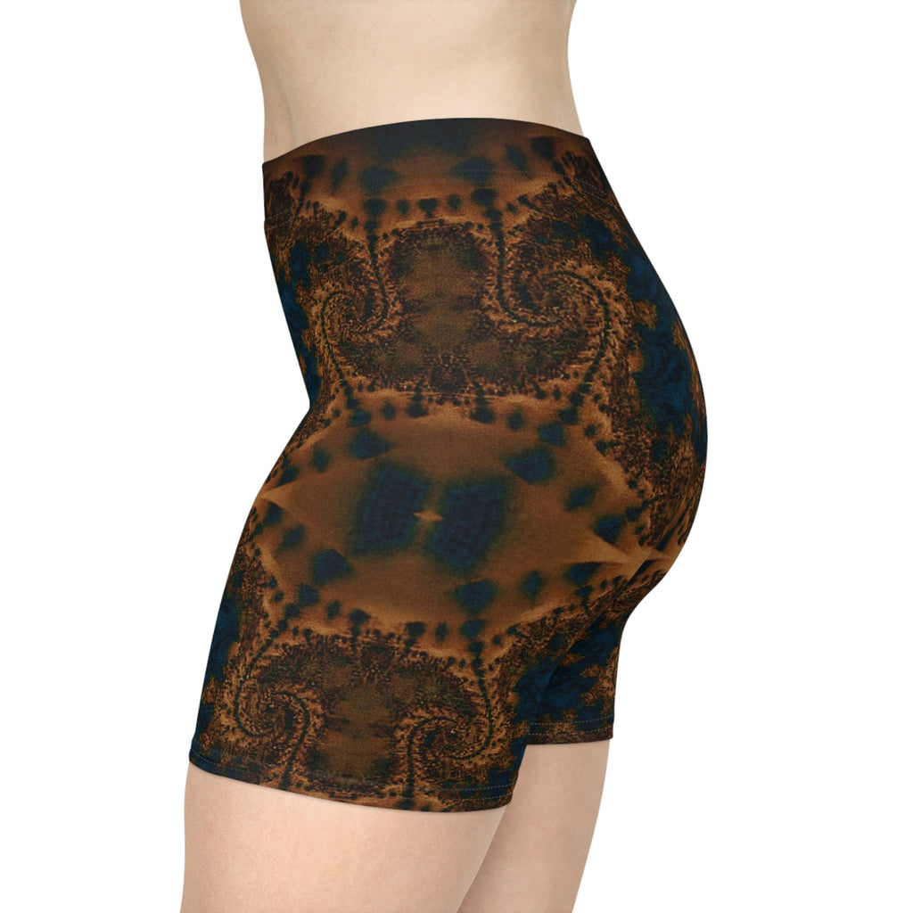 Paisley Night Women's Biker Shorts — Brown Teal Boho Activewear