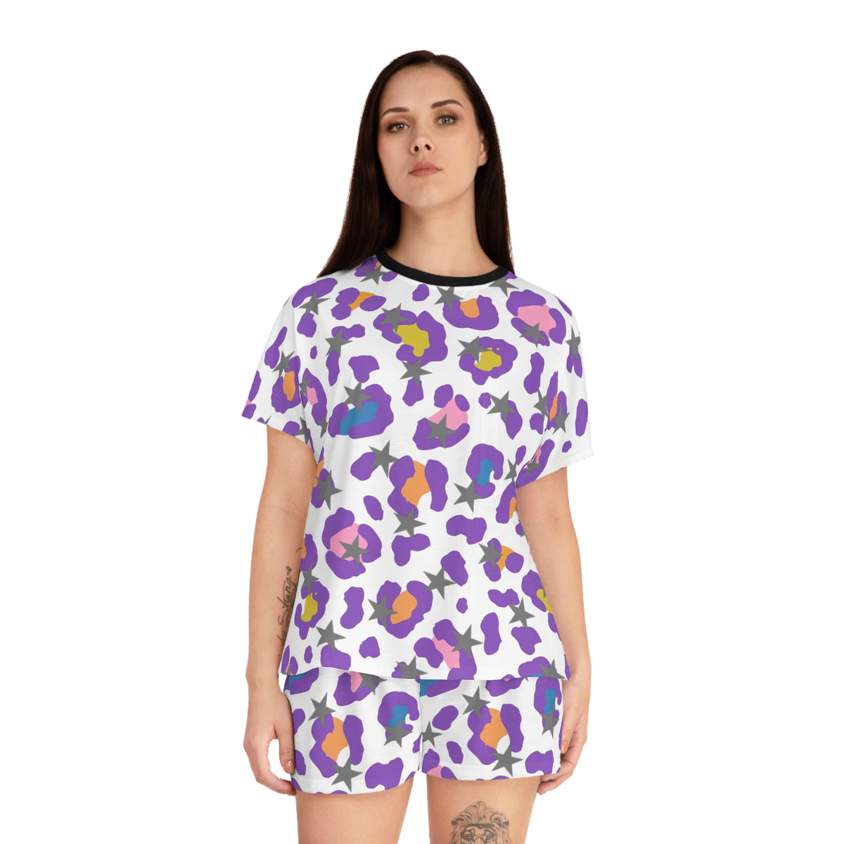 Women's Leopard Print Pajama Set — Purple Floral Animal Print Shorts Sleepwear