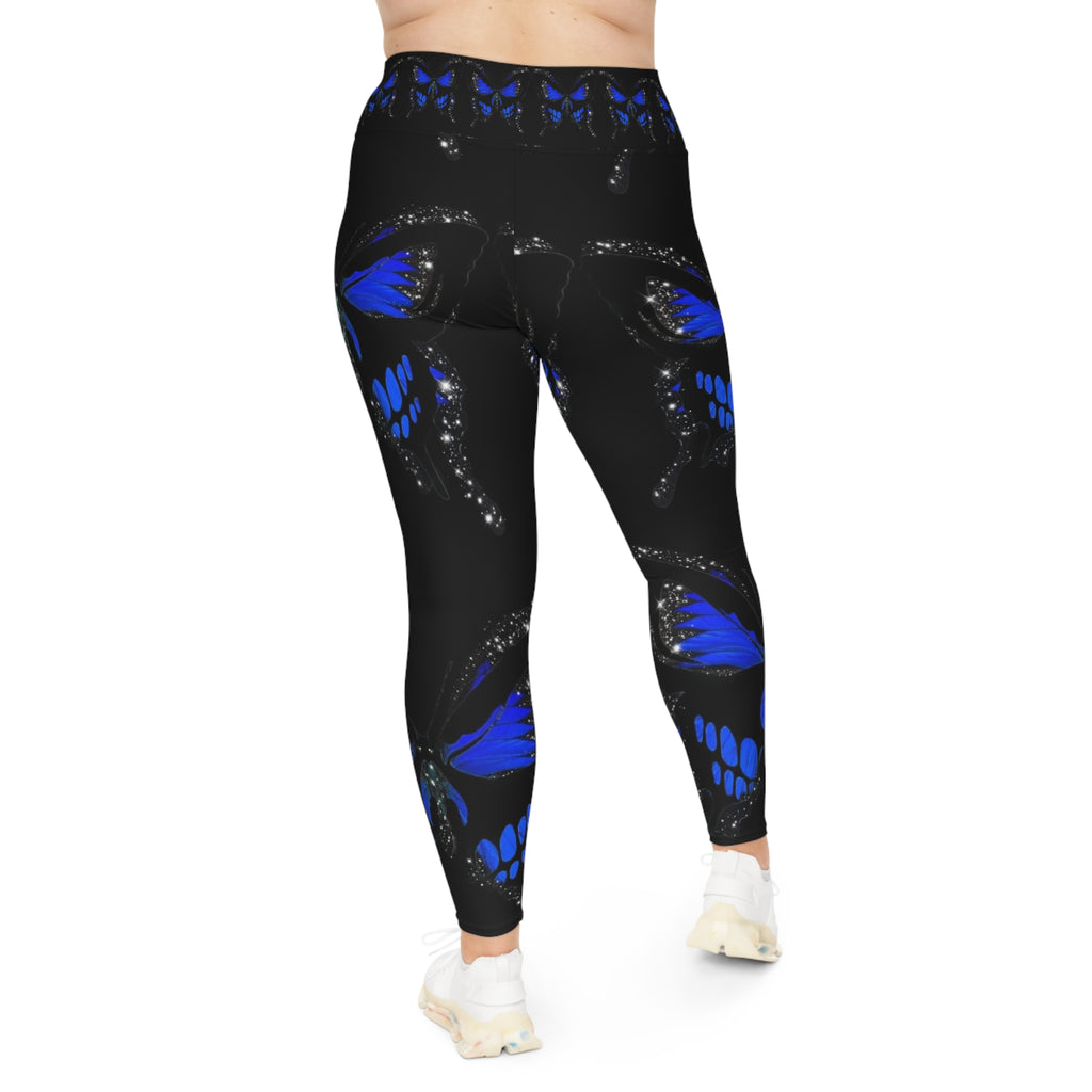 Plus Size Blue Butterfly Leggings — Black All-Over Print Comfort Leggings