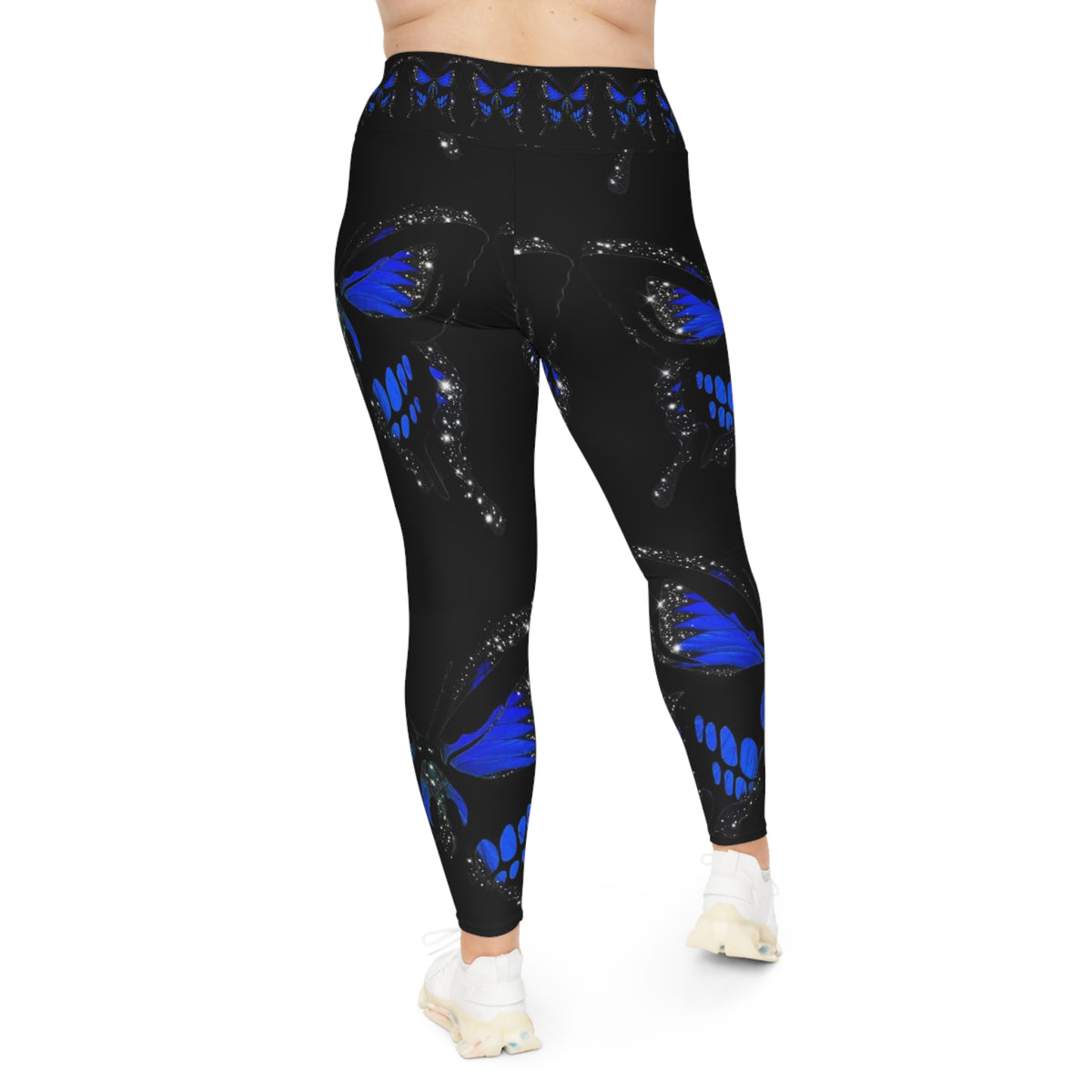 Plus Size Blue Butterfly Leggings — Black All-Over Print Comfort Leggings