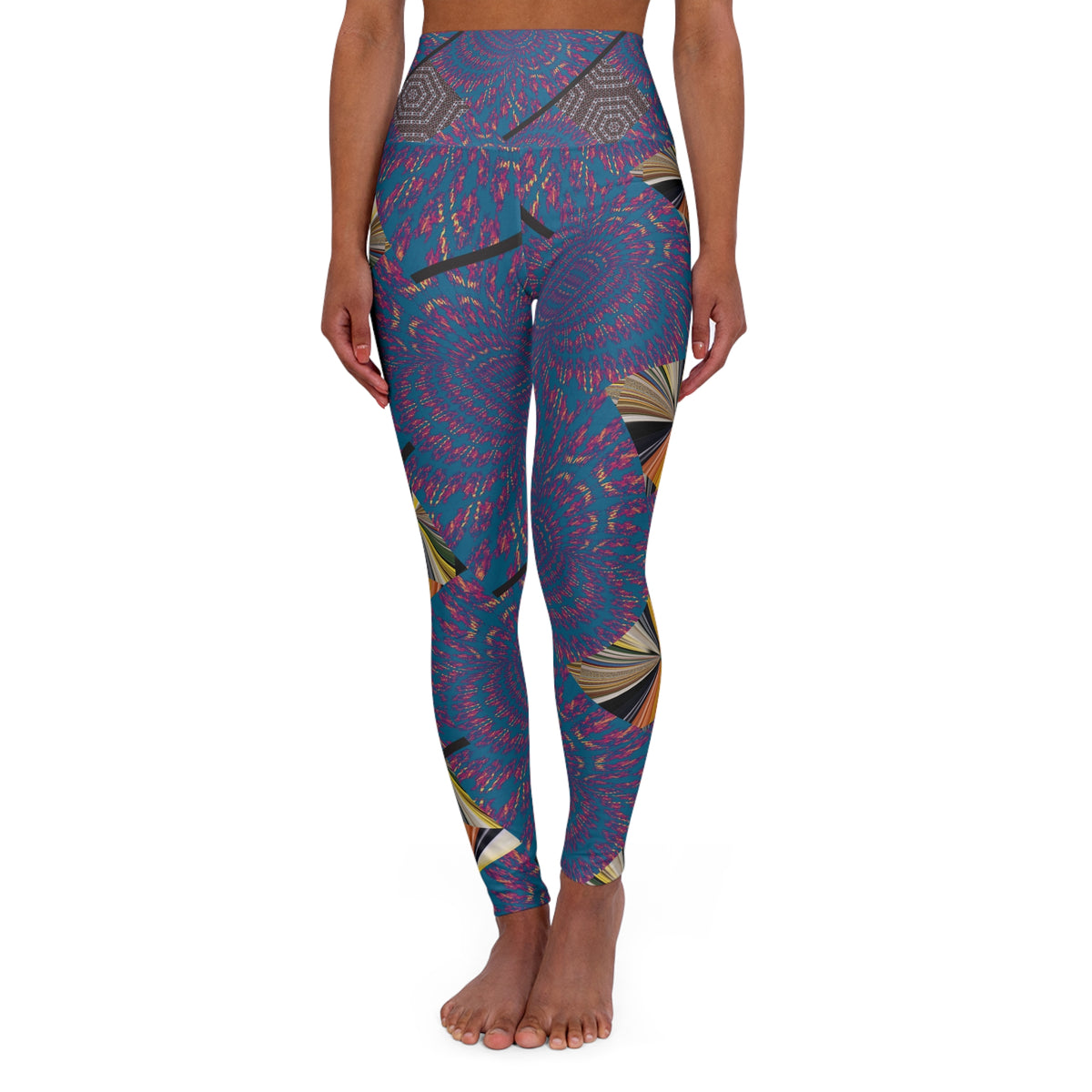 High-Waisted Yoga Leggings — Blue Floral Mandala All-Over Print