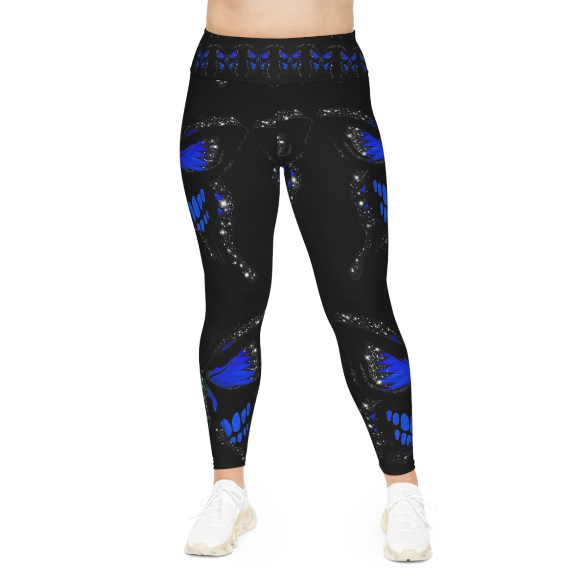 Plus Size Blue Butterfly Leggings — Black All-Over Print Comfort Leggings