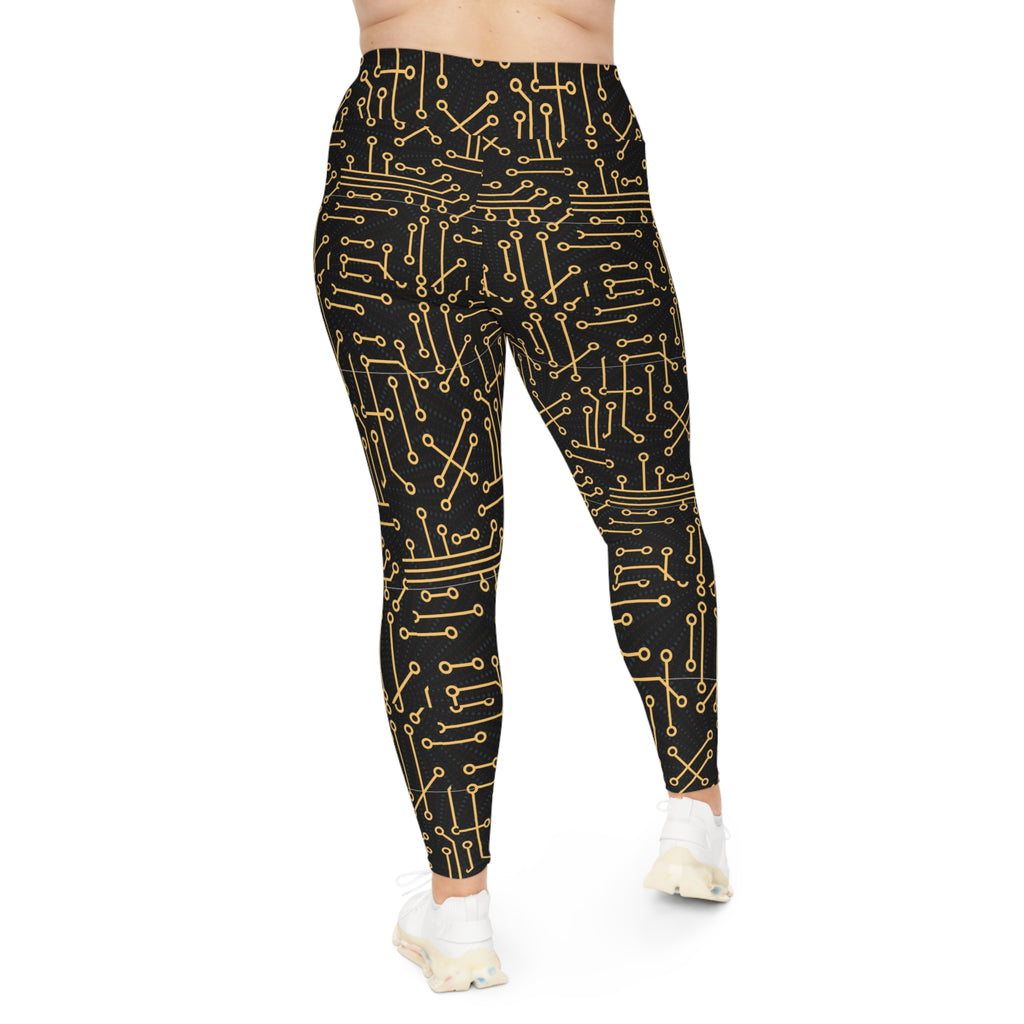 Plus Size Leggings — Gold Circuit Board Patterned Tech Leggings