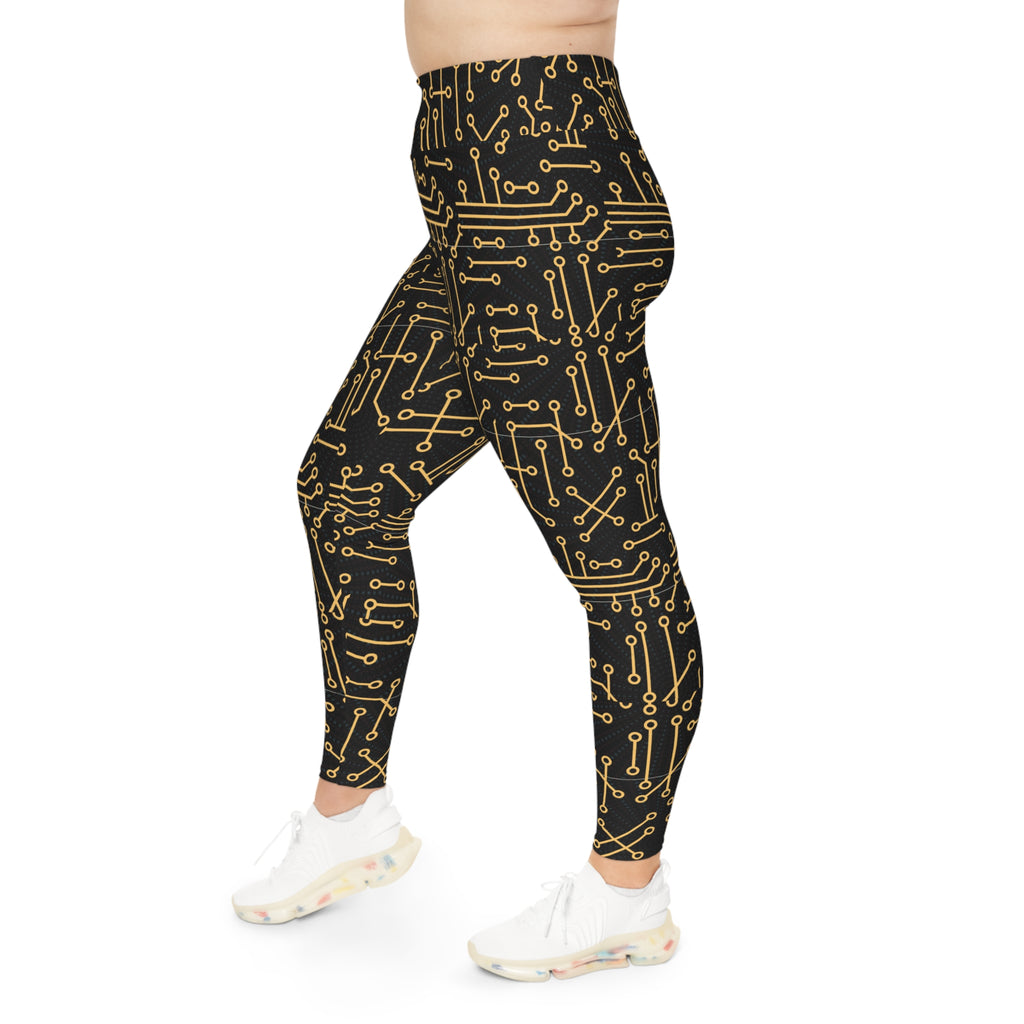 Plus Size Leggings — Gold Circuit Board Patterned Tech Leggings