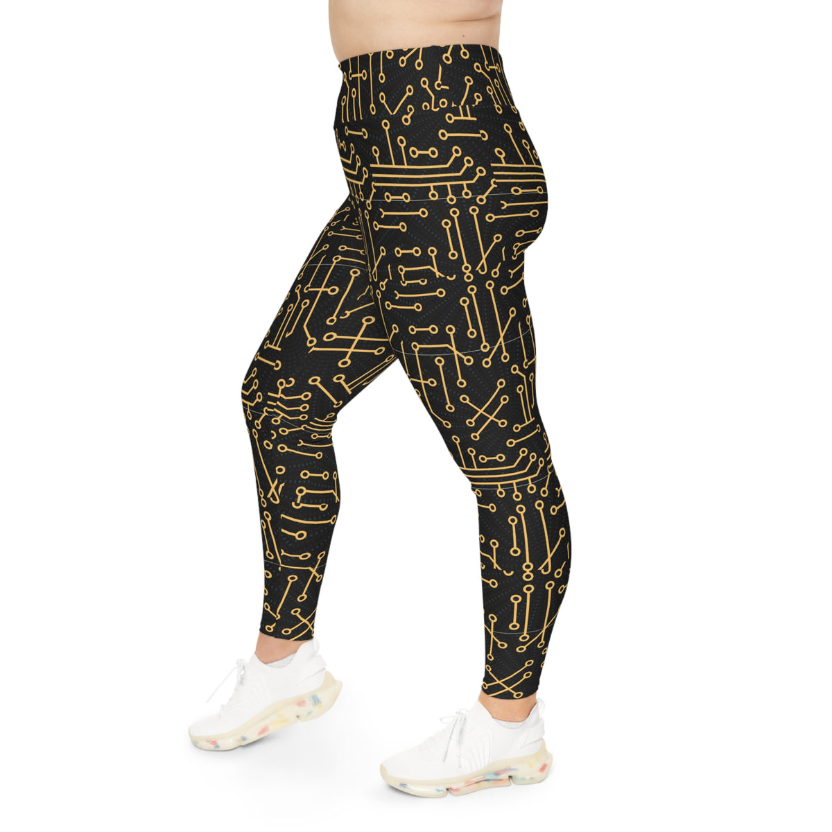 Plus Size Leggings — Gold Circuit Board Patterned Tech Leggings