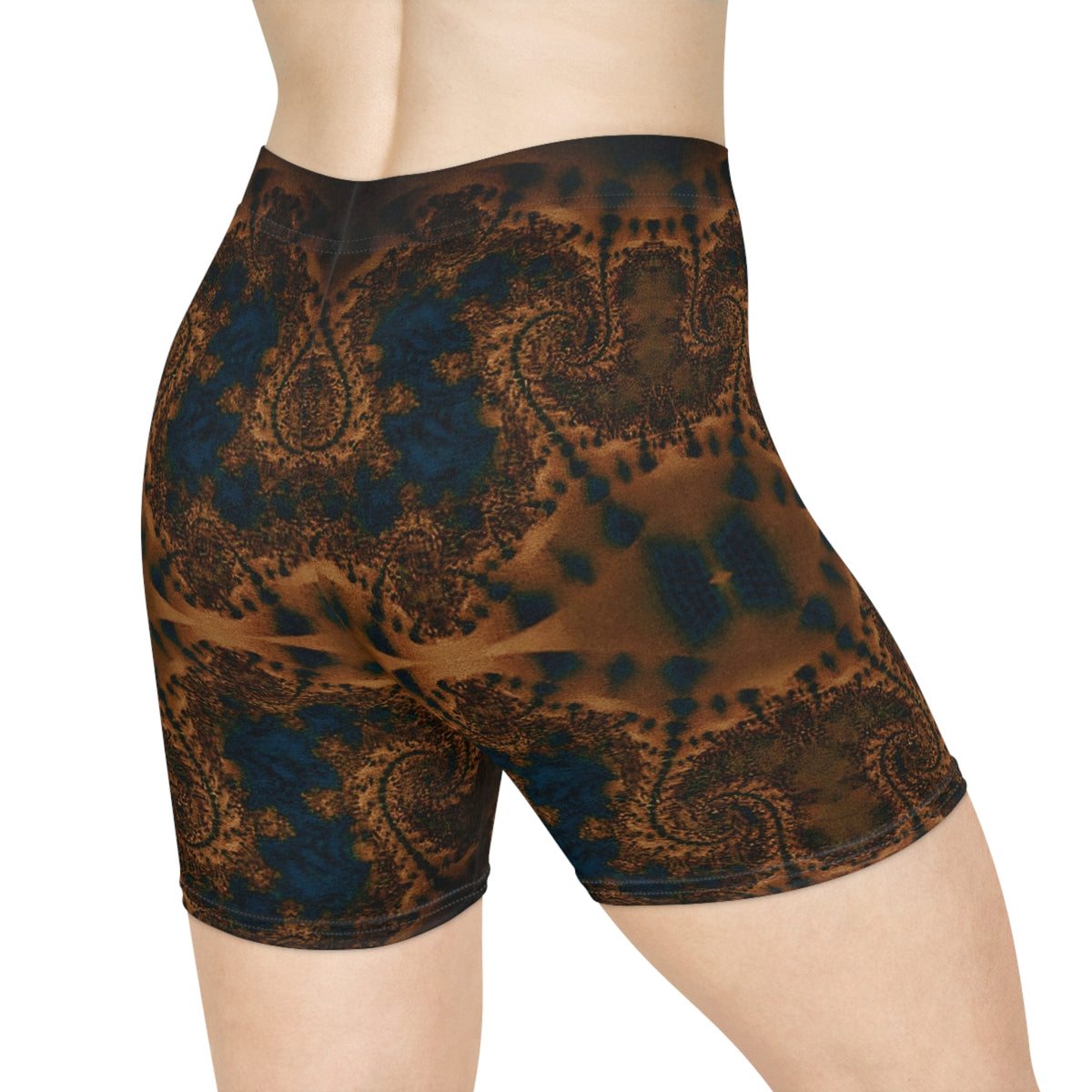 Paisley Night Women's Biker Shorts — Brown Teal Boho Activewear