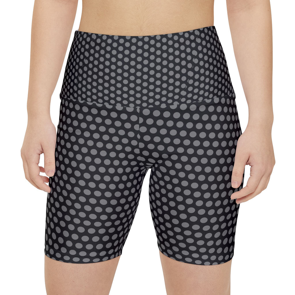 Women's Black Grey Polka Dot Workout Shorts — High-Waist Biker Activewear