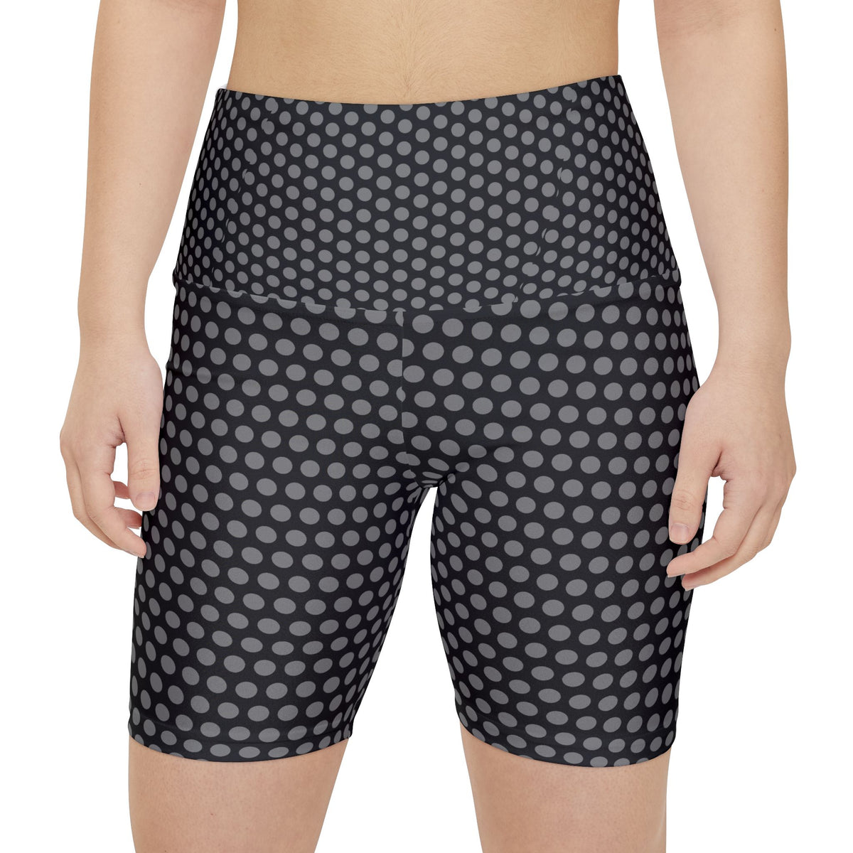 Women's Black Grey Polka Dot Workout Shorts — High-Waist Biker Activewear