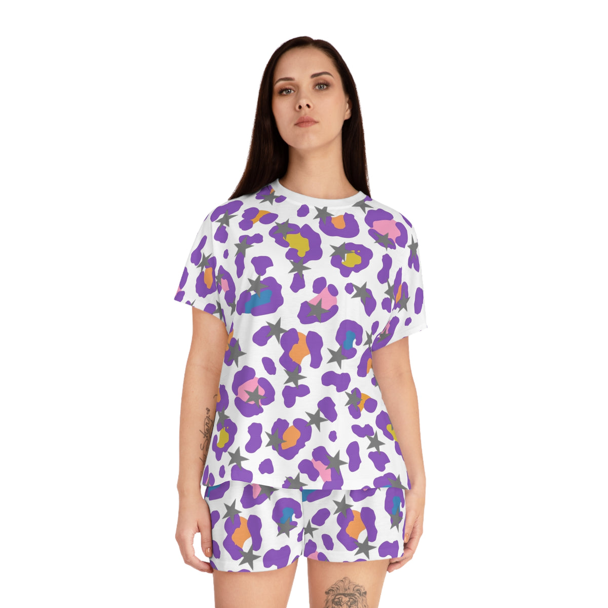 Women's Leopard Print Pajama Set — Purple Floral Animal Print Shorts Sleepwear