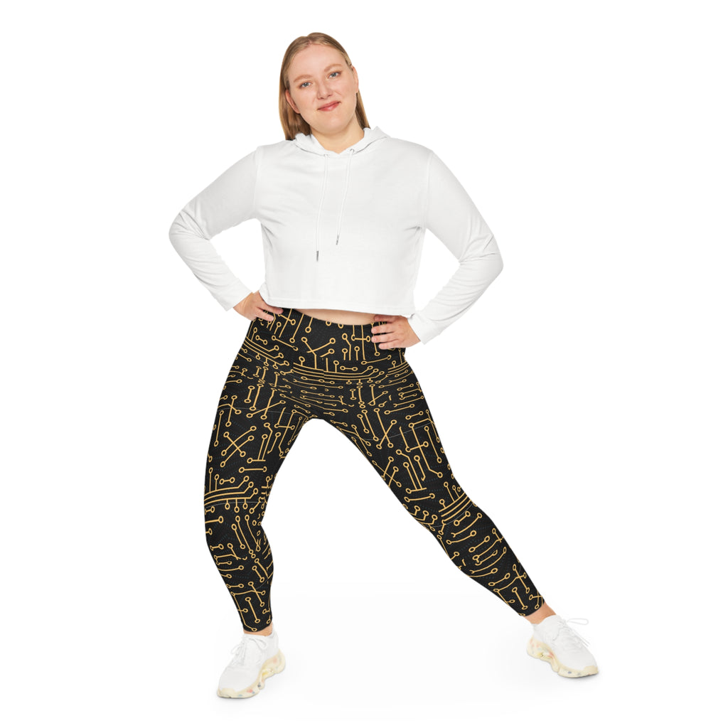 Plus Size Leggings — Gold Circuit Board Patterned Tech Leggings