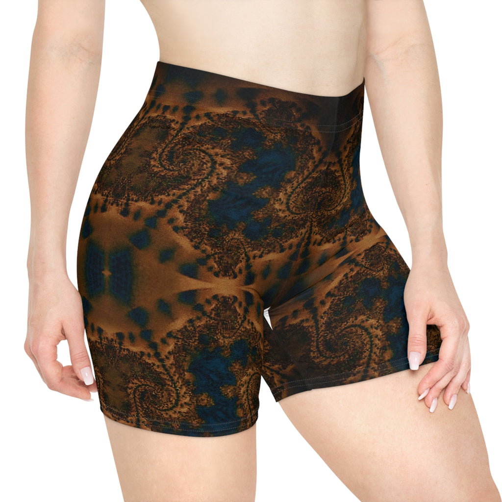 Paisley Night Women's Biker Shorts — Brown Teal Boho Activewear
