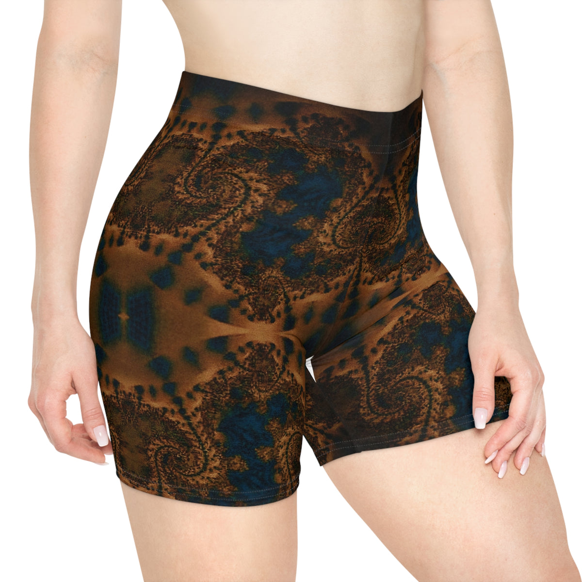 Paisley Night Women's Biker Shorts — Brown Teal Boho Activewear