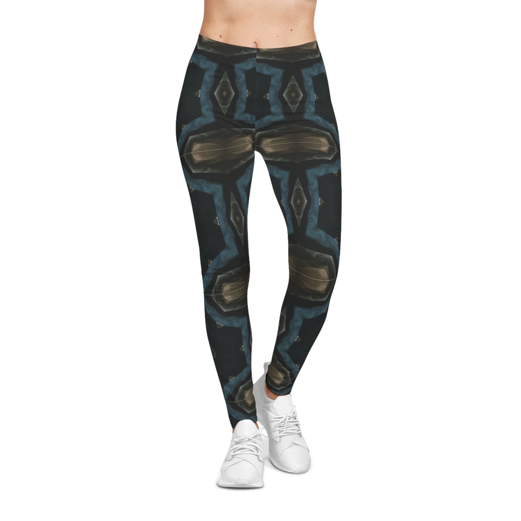 Kaleidoscope Geo Pattern Leggings — Dark Blue & Olive All-Over Print