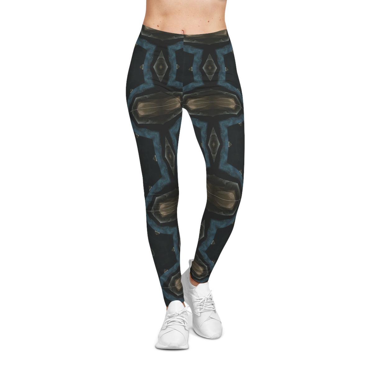 Kaleidoscope Geo Pattern Leggings — Dark Blue & Olive All-Over Print