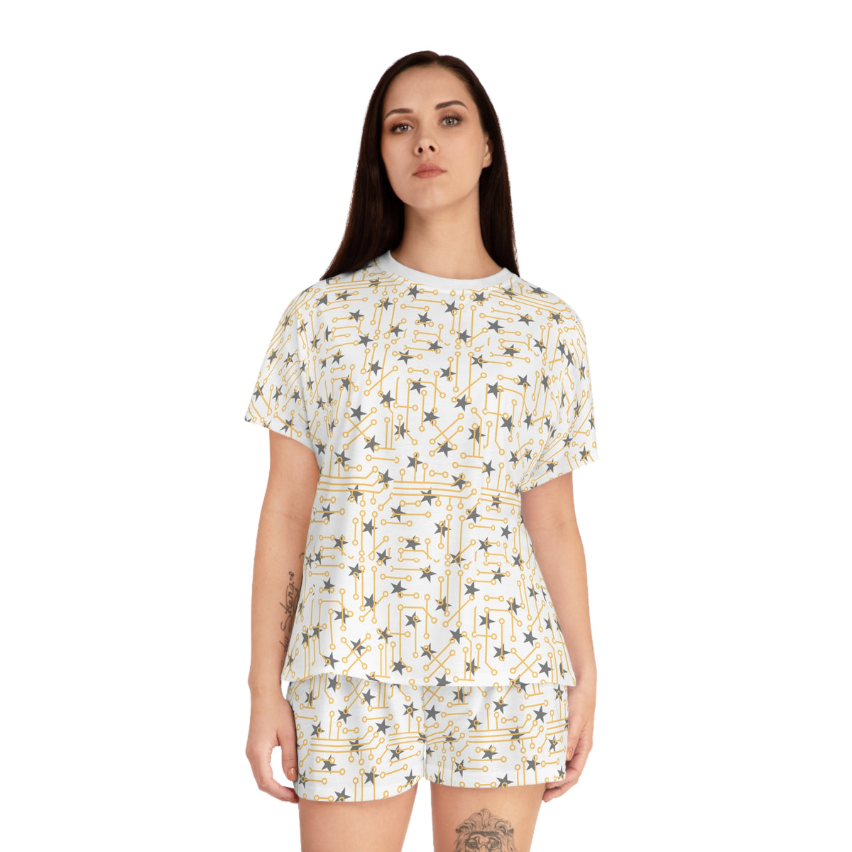 Starry Night Women's Short Pajama Set — Gold & Grey Celestial Print