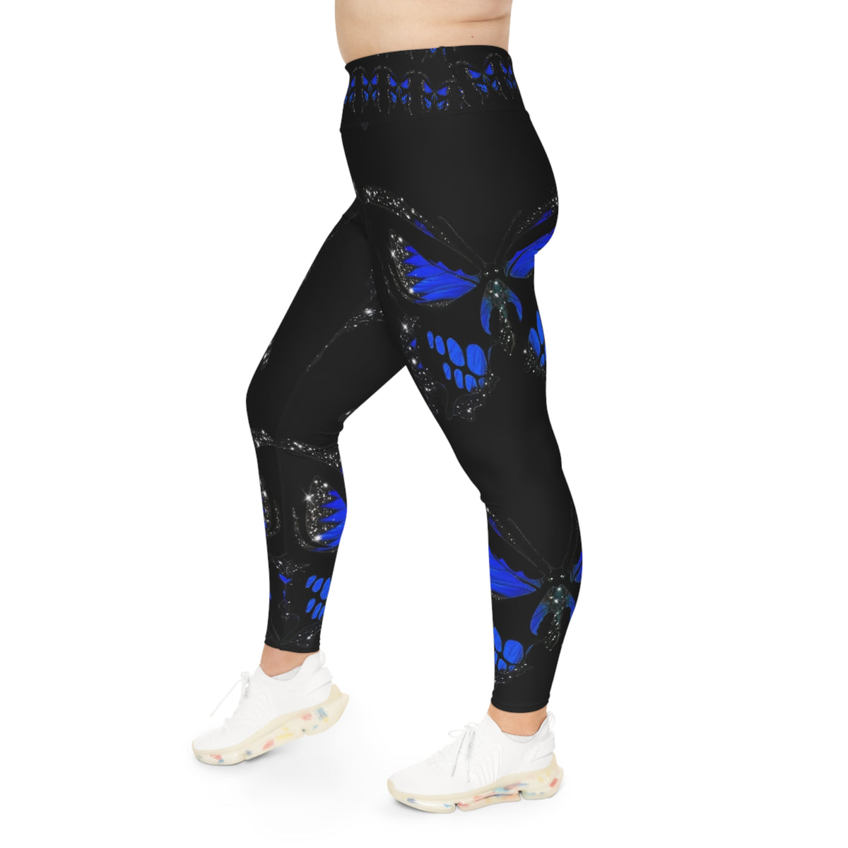 Plus Size Blue Butterfly Leggings — Black All-Over Print Comfort Leggings
