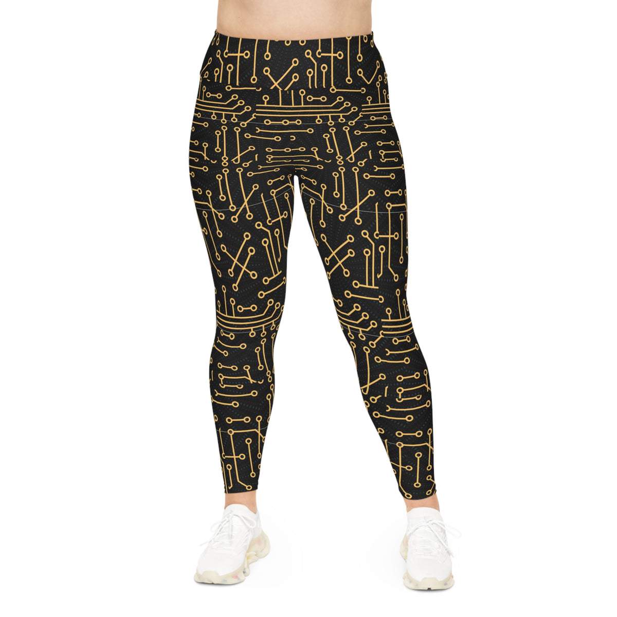 Plus Size Leggings — Gold Circuit Board Patterned Tech Leggings