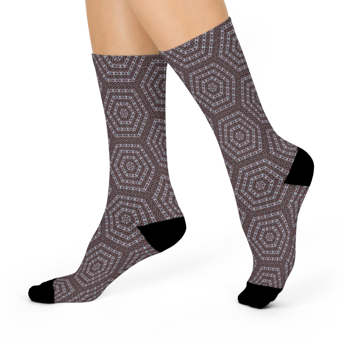 Geometric Hexagon Pattern Cushioned Crew Socks — Brown Mosaic Comfort