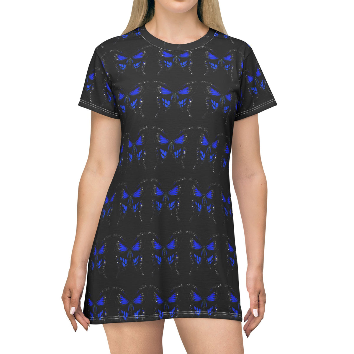 Butterfly T‑Shirt Dress — Midnight Blue Patterned All‑Over Print