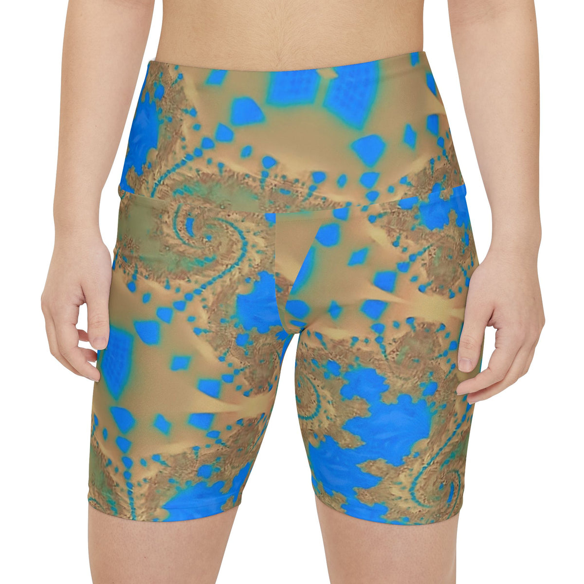 Yoga Shorts — Turquoise Paisley Fractal All-Over Print
