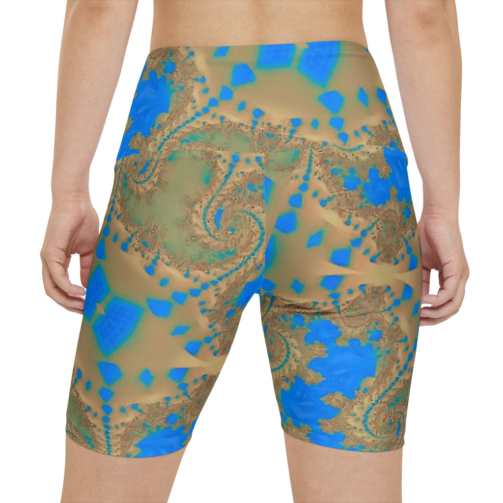 Yoga Shorts — Turquoise Paisley Fractal All-Over Print