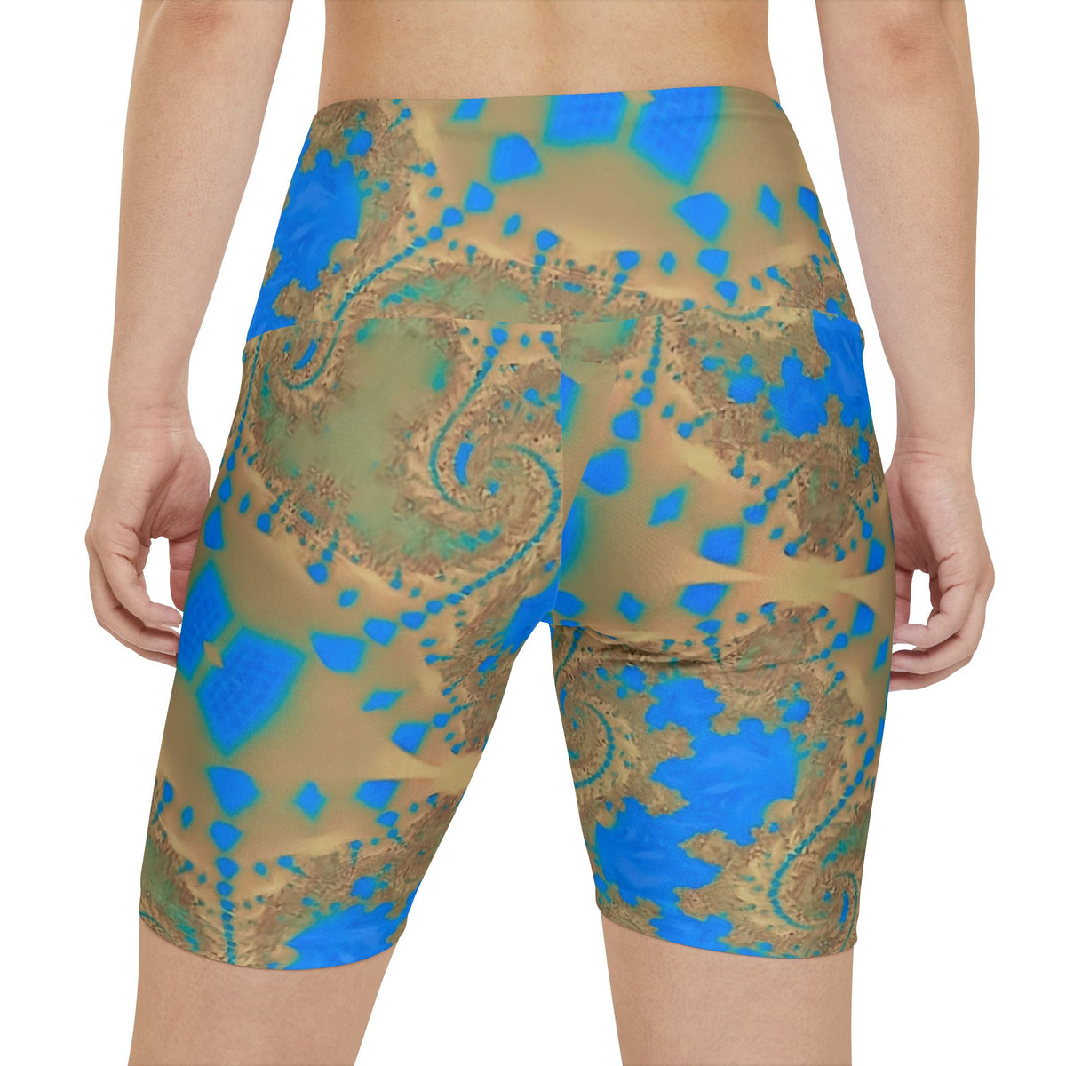 Yoga Shorts — Turquoise Paisley Fractal All-Over Print