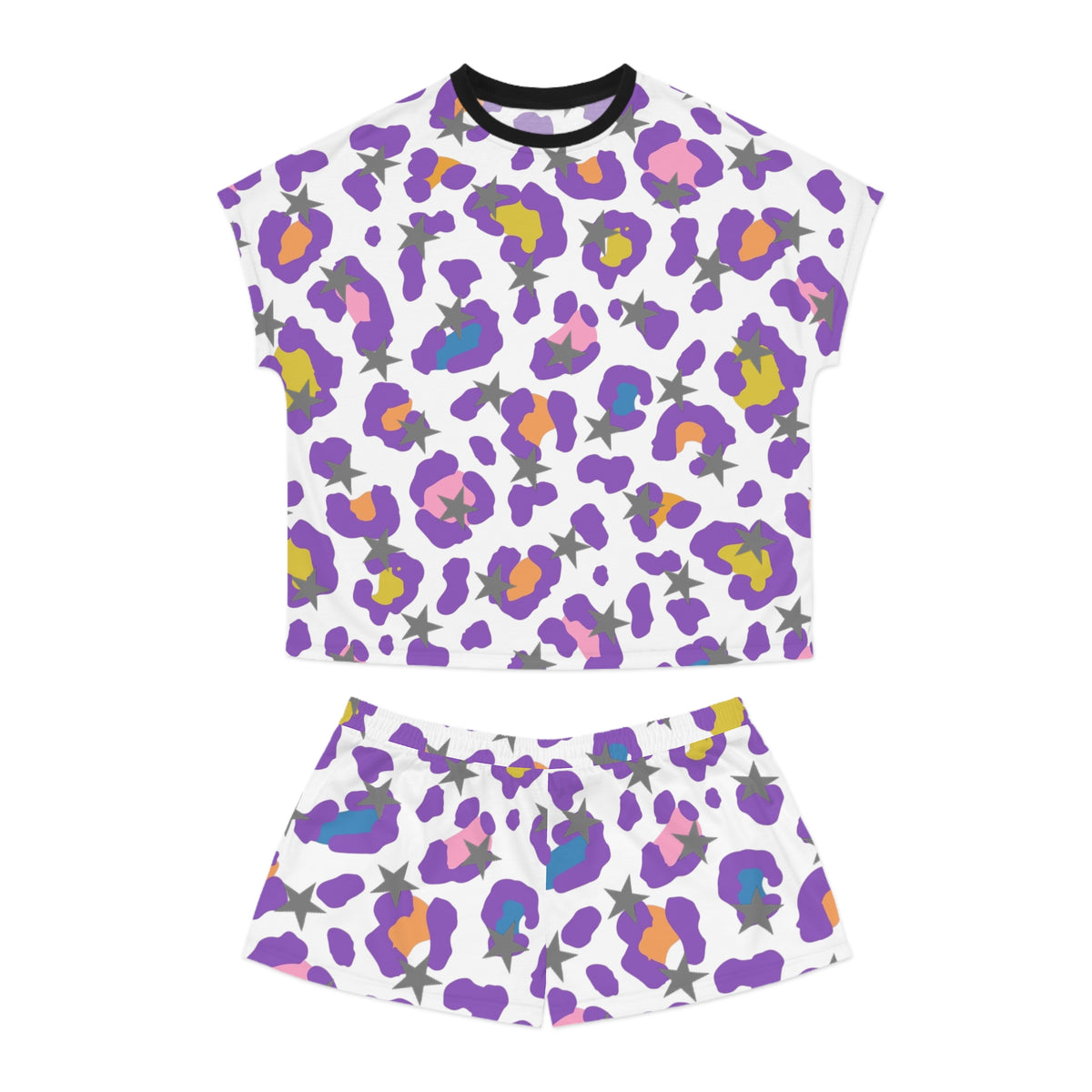 Women's Leopard Print Pajama Set — Purple Floral Animal Print Shorts Sleepwear